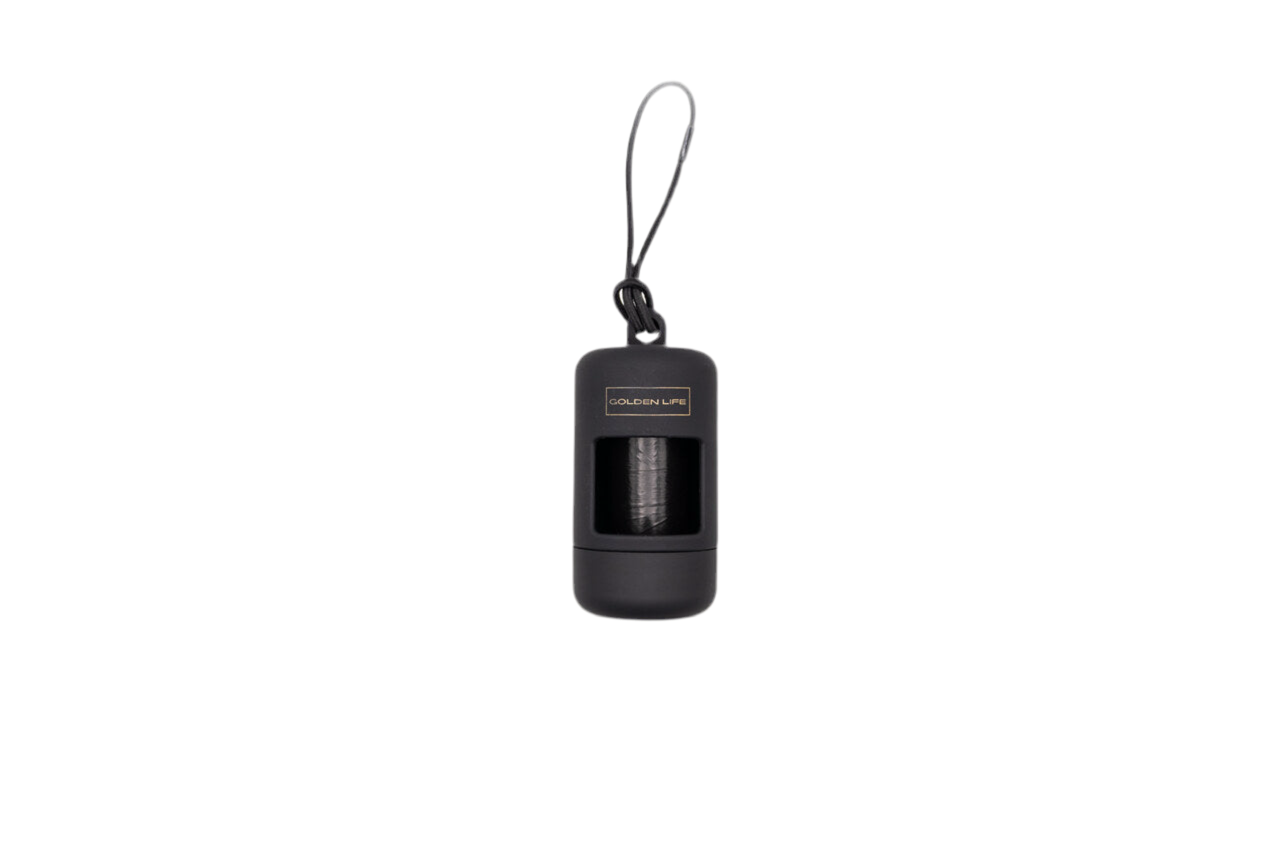 Shadow Black dog poop bag holder dispenser with clip, includes one roll of bags for easy leash attachment.