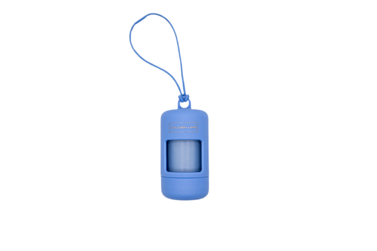 Moonlight Blue dog poop bag holder dispenser with clip, includes one roll of bags for easy leash attachment.