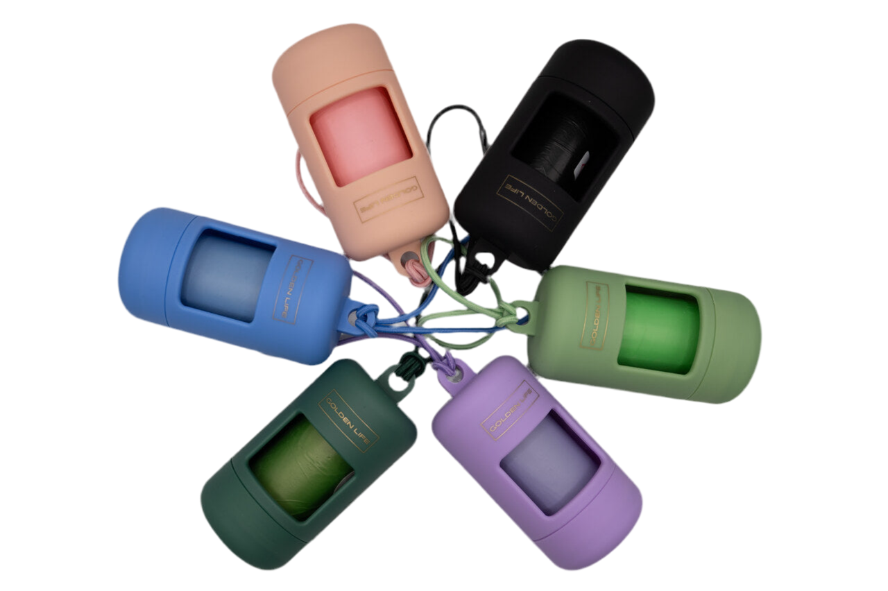 Full set of Golden Life dog poop bag holders in six colors—Shadow Black, Cotton Candy Pink, Moonlight Blue, Lavender, Evergreen, and Pistachio—clip-on design with bags included.