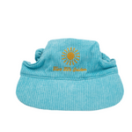 Neon blue corduroy dog hat with golden sunburst and ‘Live Life Golden’ embroidery from The Golden Life.