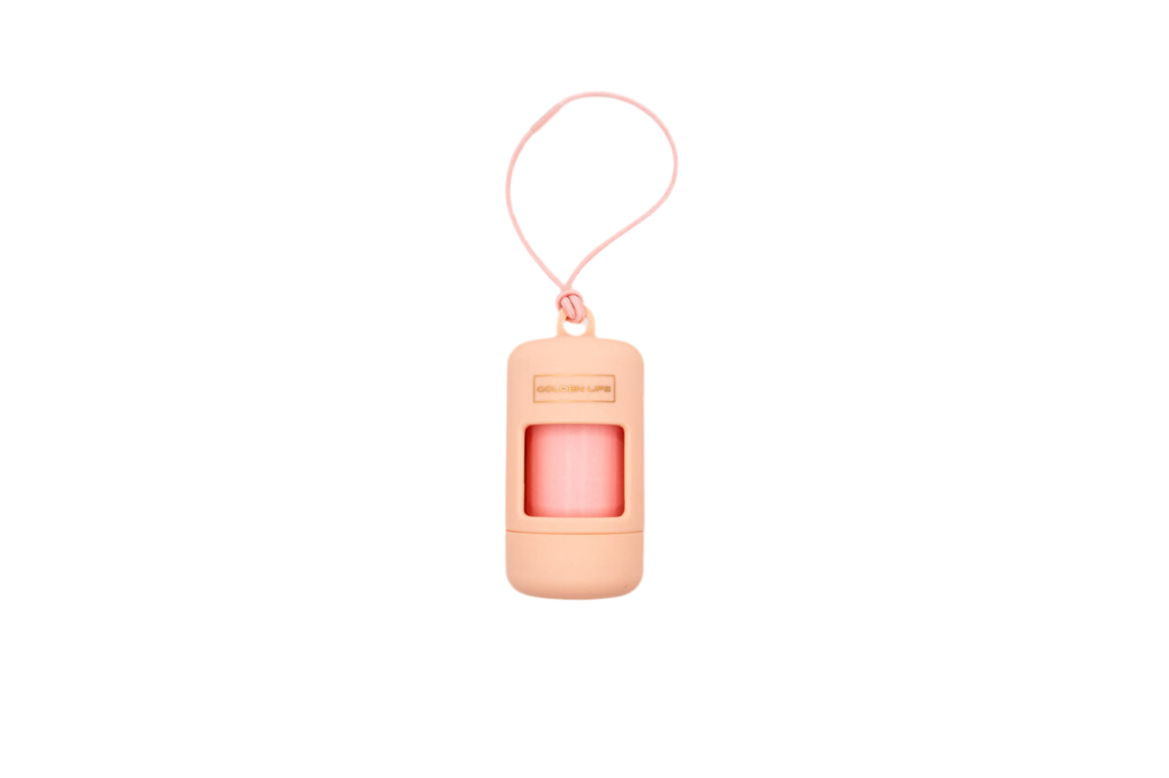 Cotton Candy Pink dog poop bag holder dispenser with clip, includes one roll of bags for easy leash attachment.