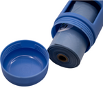 Close-up of Moonlight Blue dog poop bag dispenser with twist-off cap open, showing roll of waste bags inside.