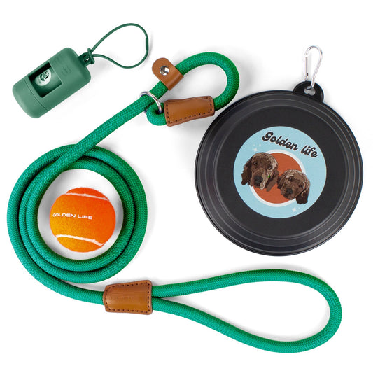A green slip dog leash with leather accents, a black metal clip with orange tennis ball, and a black waste bag holder with a picture of two golden retrievers.