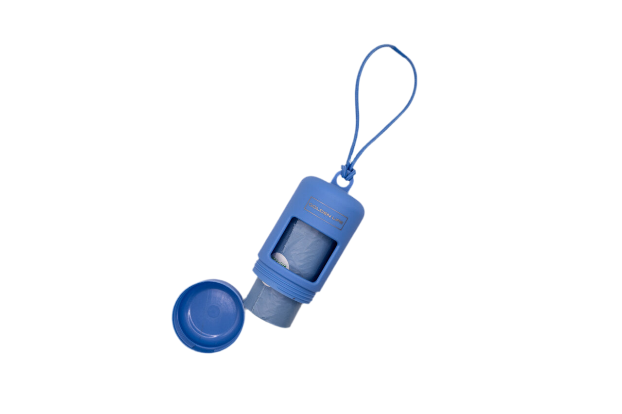 Moonlight Blue dog poop bag holder with twist-off bottom for easy bag replacement, includes roll of bags and clip for leash.