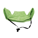 Back view of the light green corduroy dog hat showing adjustable black chin strap and ear openings — The Golden Life Key Lime Fisherman collection.
