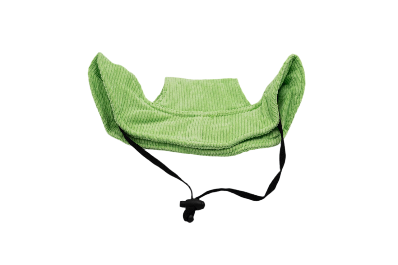 Back view of the light green corduroy dog hat showing adjustable black chin strap and ear openings — The Golden Life Key Lime Fisherman collection.