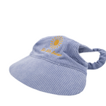 Side view of light purple corduroy dog hat with yellow embroidered sunburst and “Live Life Golden” text, featuring ear openings and curved brim — The Golden Life Lilac Daydream.