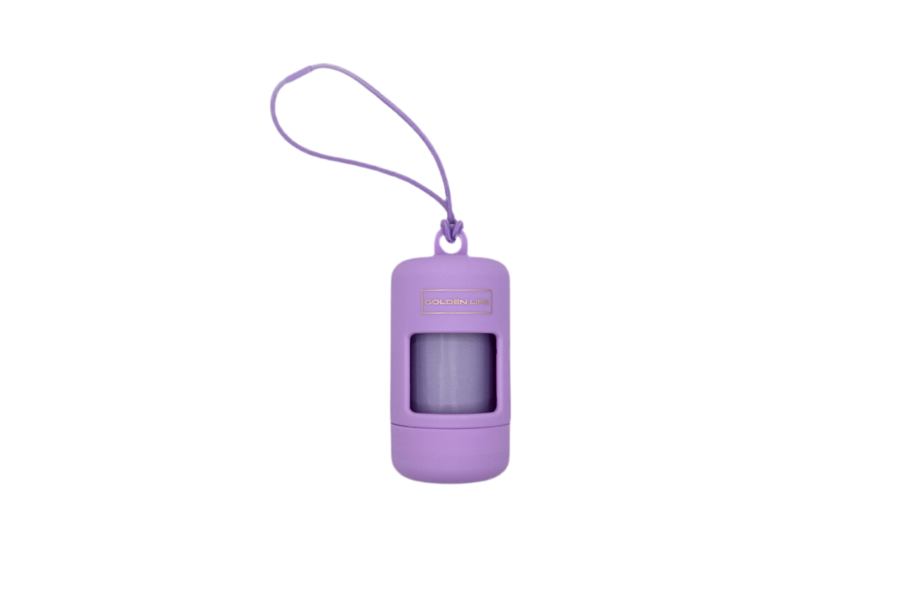 Lavender Purple dog poop bag holder dispenser with clip, includes one roll of bags for easy leash attachment.