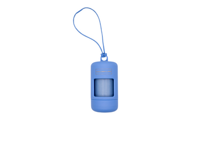 Moonlight Blue dog poop bag holder dispenser with clip, includes one roll of bags for easy leash attachment.