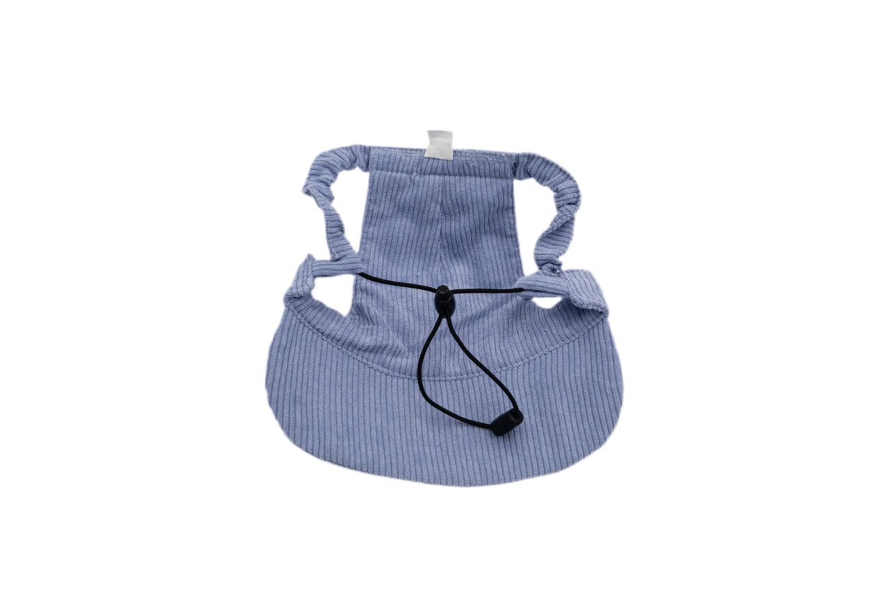 Back view of light purple corduroy dog hat showing adjustable chin strap, ear openings, and soft curved brim — The Golden Life Lilac Daydream.