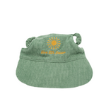 Moss & Mischief green corduroy dog hat with sunburst embroidery and ‘Live Life Golden’ text.