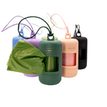 Dog poop bag holders in green, pink, blue, purple, and black with clip-on design for easy cleanup on walks.