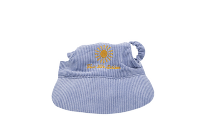 Light purple corduroy dog hat with yellow embroidered sunburst and “Live Life Golden” text, featuring ear openings and a soft curved brim — The Golden Life Lilac Daydream.