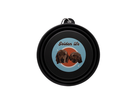 Black collapsible dog bowl 33.8 oz – durable, portable food and water bowl for dogs with The Golden Life logo.
