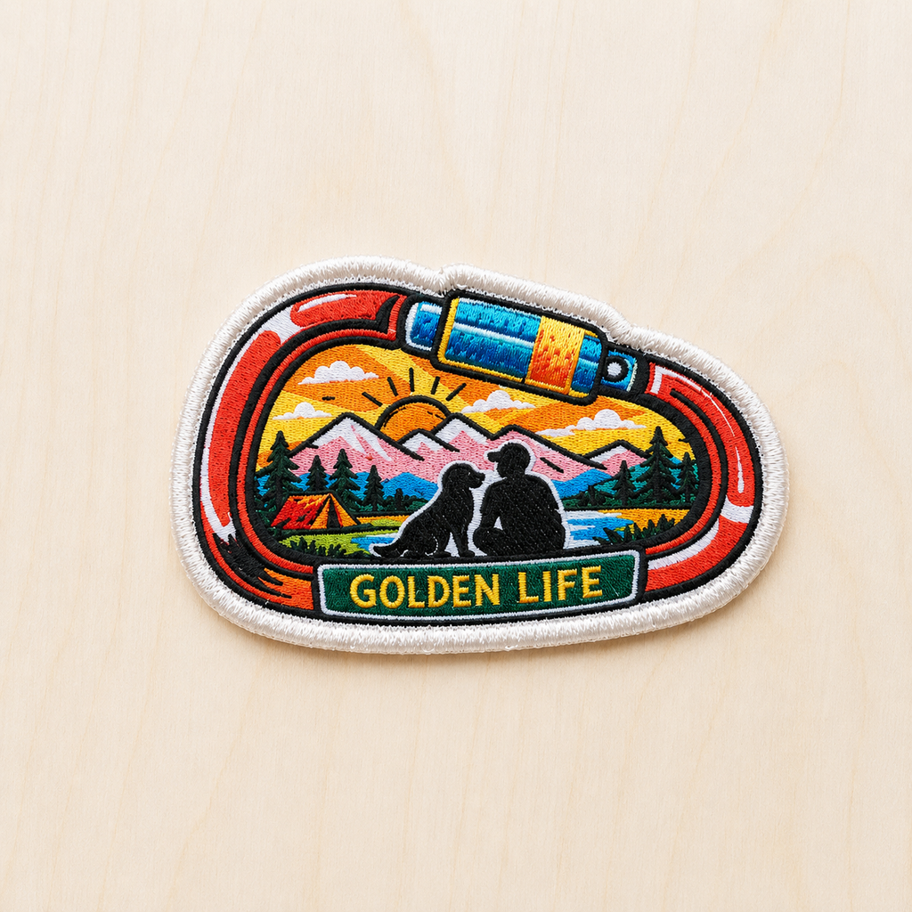 Adventure-themed embroidered iron-on patch shaped like a climbing carabiner featuring mountains, a sunset, pine trees, a camper tent, and a silhouette of a dog and person beside a lake with “Golden Life” text on a light wood background.
