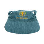 Blue corduroy dog hat with golden sunburst and ‘Live Life Golden’ embroidery from The Golden Life.