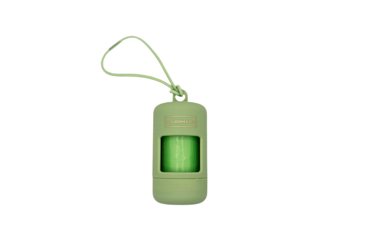 Pistachio light green dog poop bag holder dispenser with clip, includes one roll of bags for easy leash attachment.