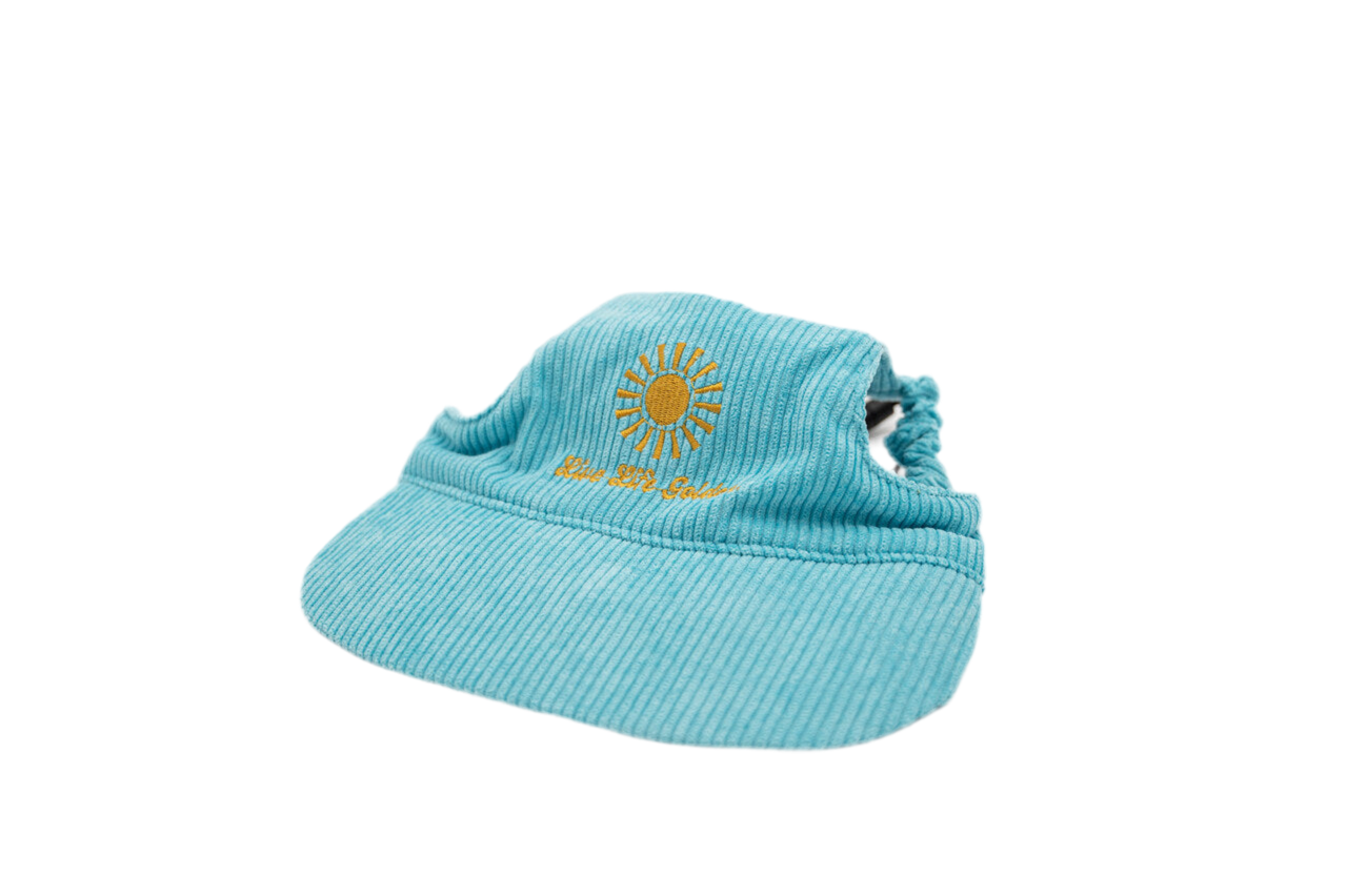 Side view of neon blue corduroy dog hat with golden sunburst and ‘Live Life Golden’ embroidery.