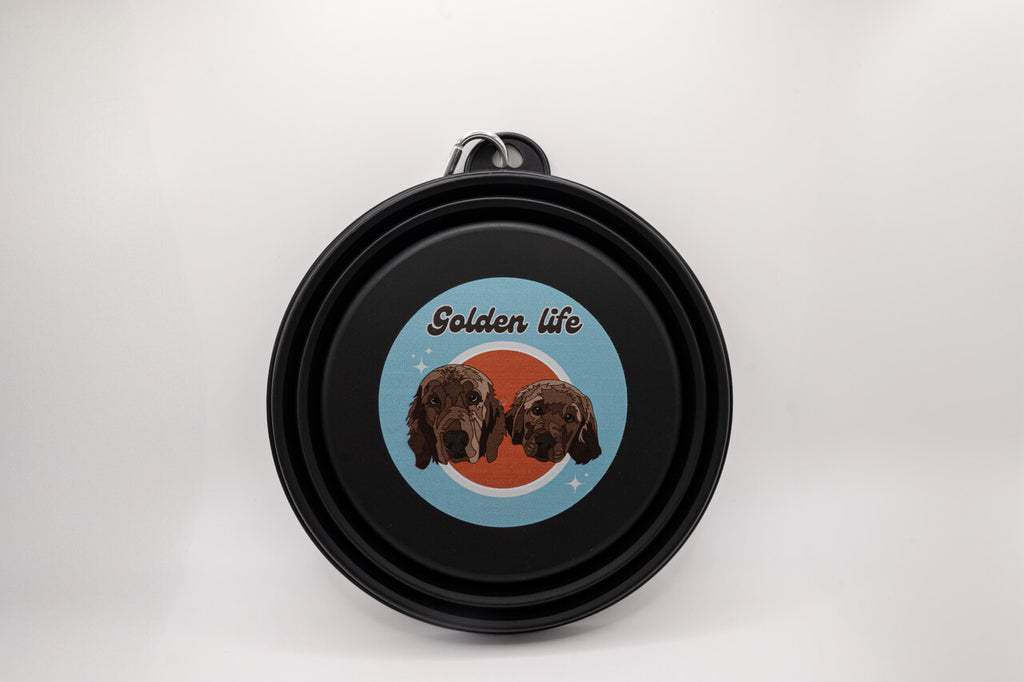 Black collapsible dog bowl 33.8 oz – durable, portable food and water bowl for dogs with The Golden Life logo.
