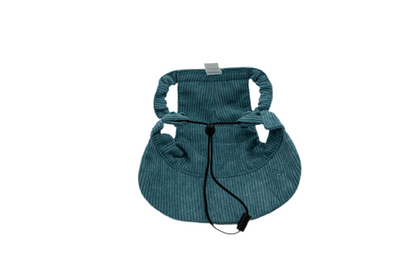 Back view of blue corduroy dog hat showing adjustable strap and ear openings, from The Golden Life.