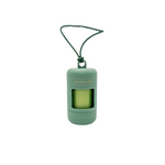 Evergreen green dog poop bag holder dispenser with clip, includes one roll of bags for easy leash attachment.