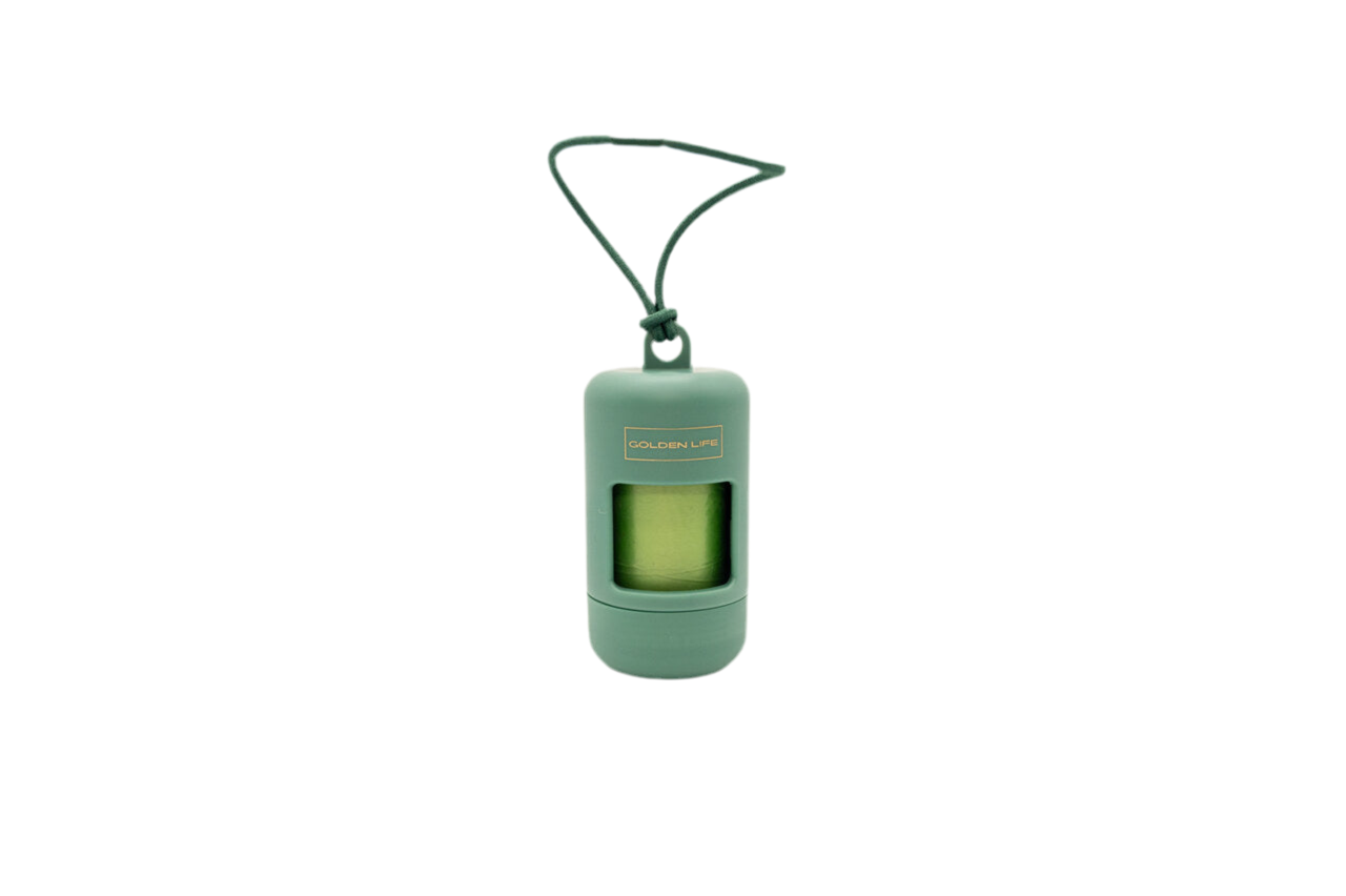 Evergreen green dog poop bag holder dispenser with clip, includes one roll of bags for easy leash attachment.