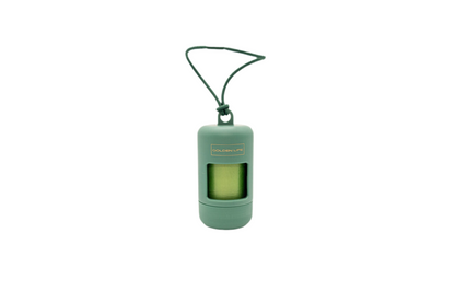 Evergreen green dog poop bag holder dispenser with clip, includes one roll of bags for easy leash attachment.