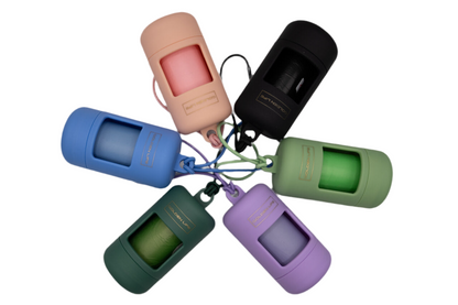 Full set of Golden Life dog poop bag holders in six colors—Shadow Black, Cotton Candy Pink, Moonlight Blue, Lavender, Evergreen, and Pistachio—clip-on design with bags included.