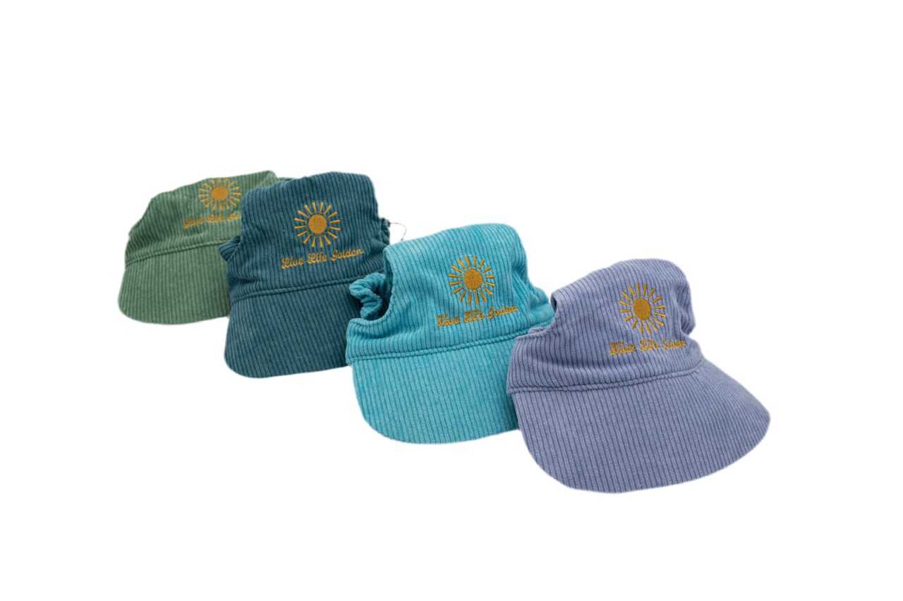 Angled view of corduroy dog hats with bills in green, teal, blue, and purple, embroidered with Live Life Golden sunburst.
