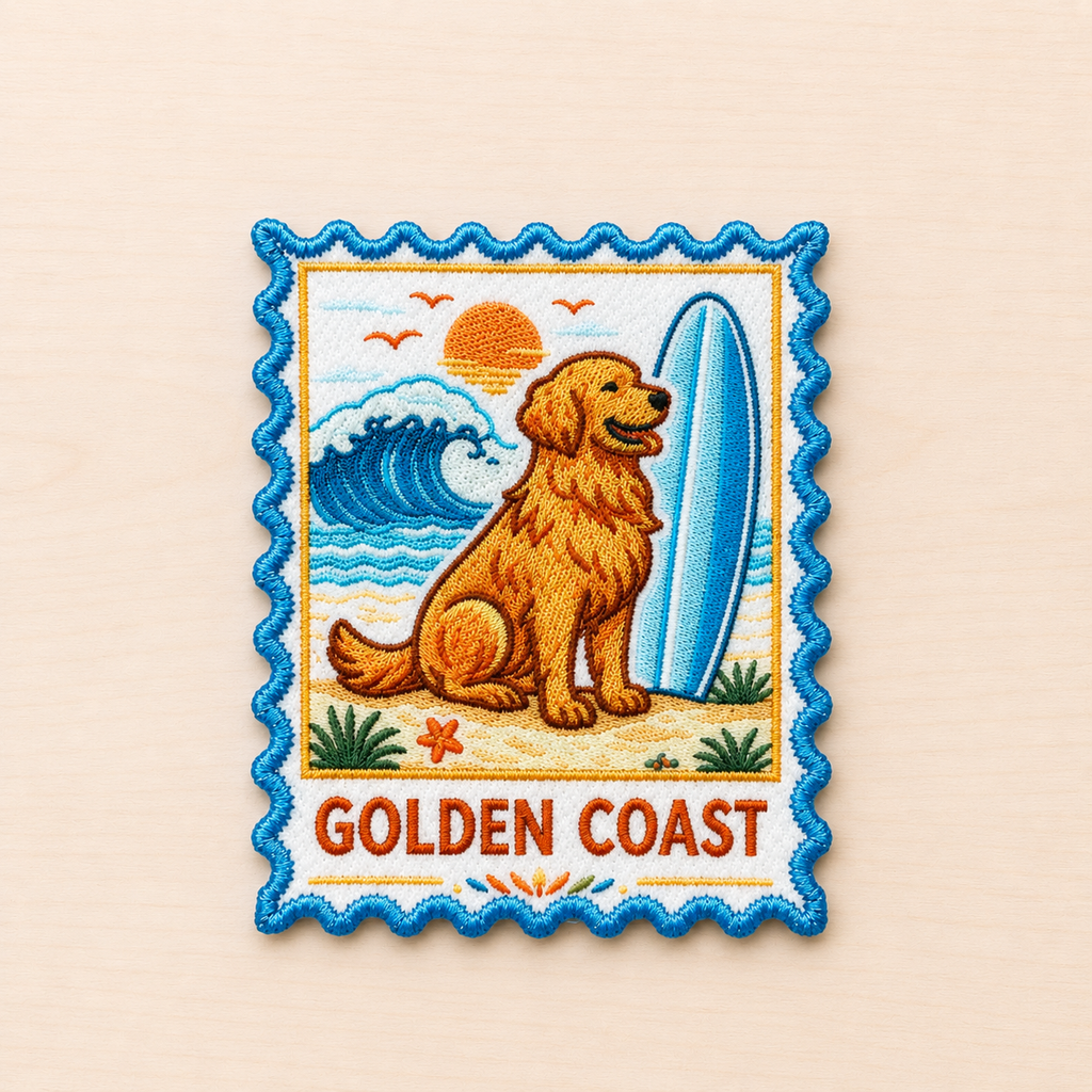 Embroidered postage stamp-style iron-on patch featuring a golden retriever sitting beside a surfboard on a beach with ocean waves and sunset, with “Golden Coast” text and blue scalloped border on a light wood background.