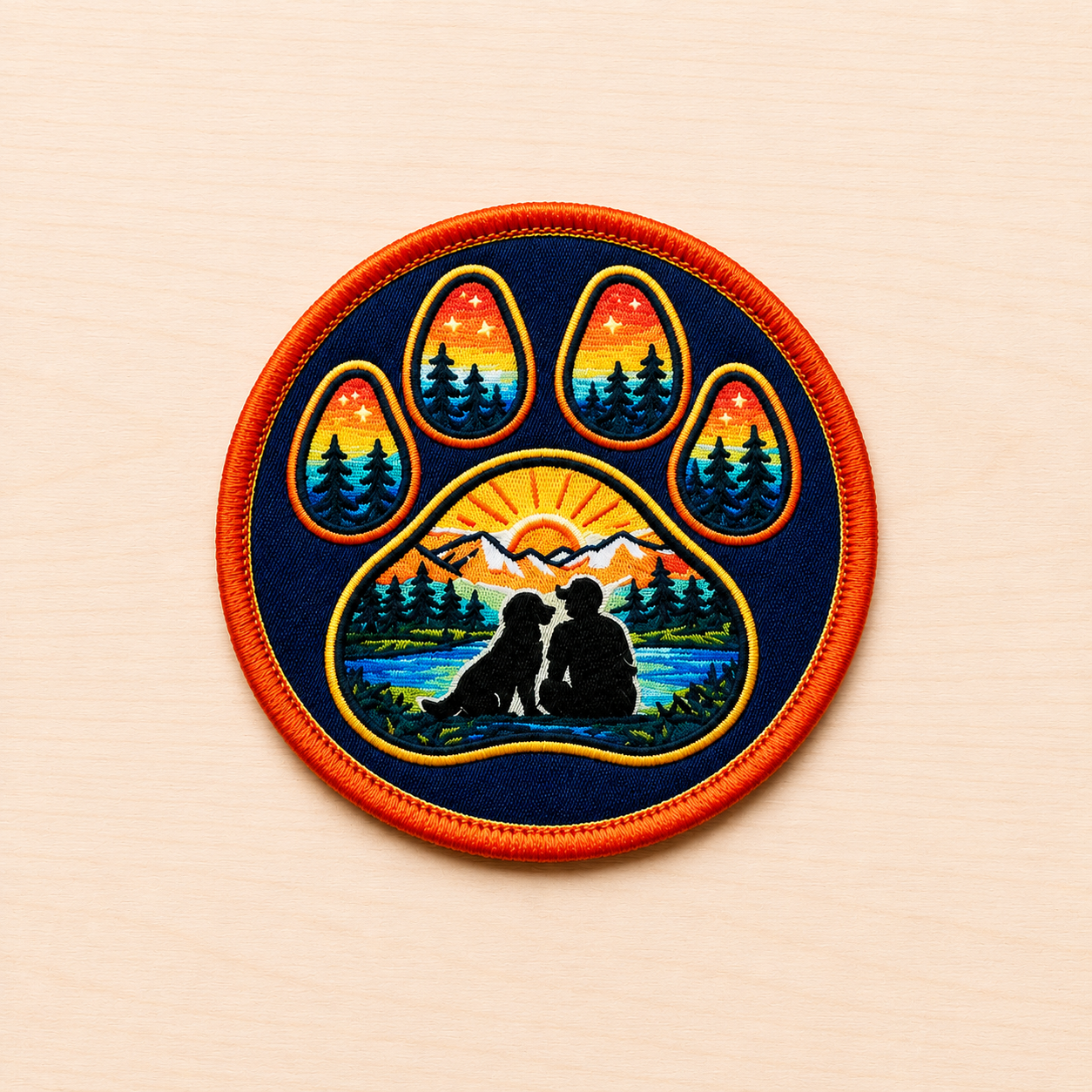 Round embroidered paw print iron-on patch featuring a sunset mountain landscape with pine trees, a dog and person silhouette beside a lake, and warm orange and blue retro outdoor colors on a light wood background.