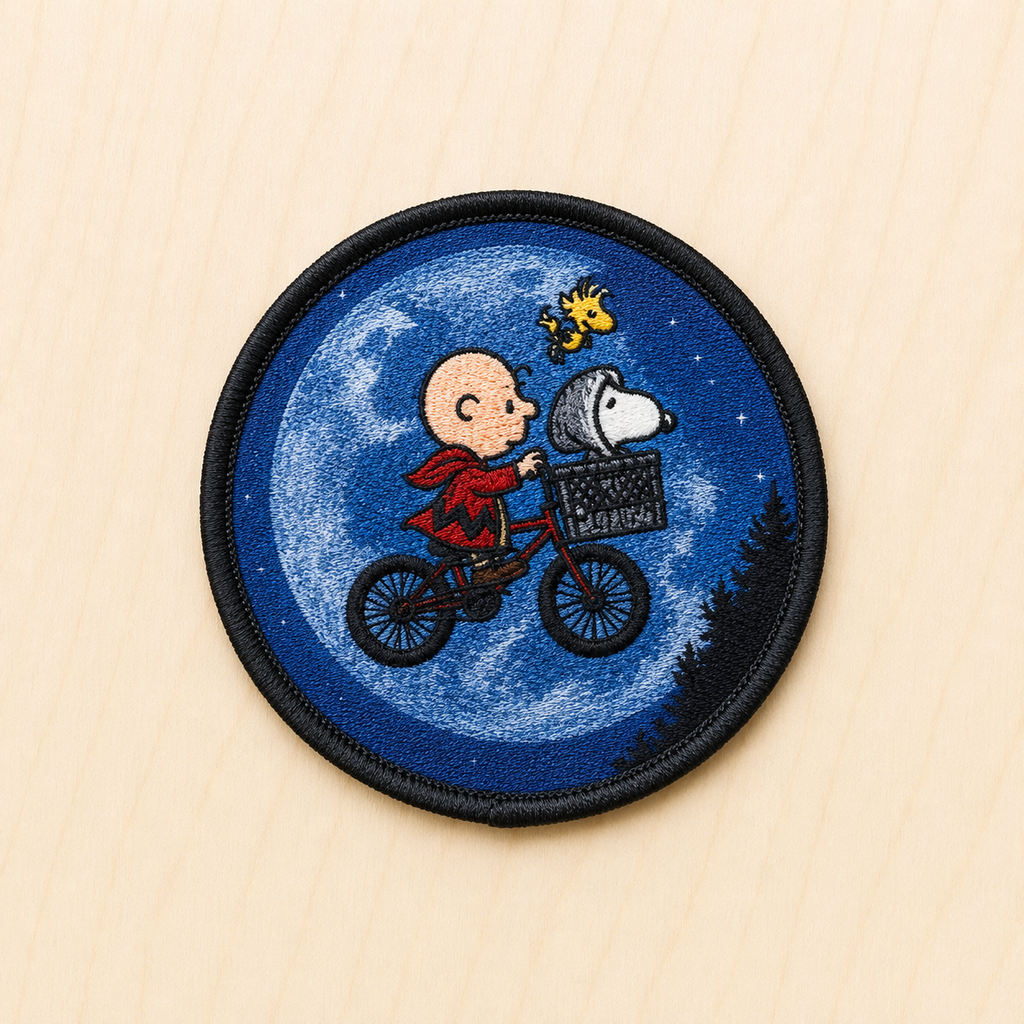 Retro-inspired embroidered patch featuring a cartoon-style child riding a bicycle across a glowing full moon with a dog companion in the front basket, evoking nostalgic 1980s adventure movie vibes.