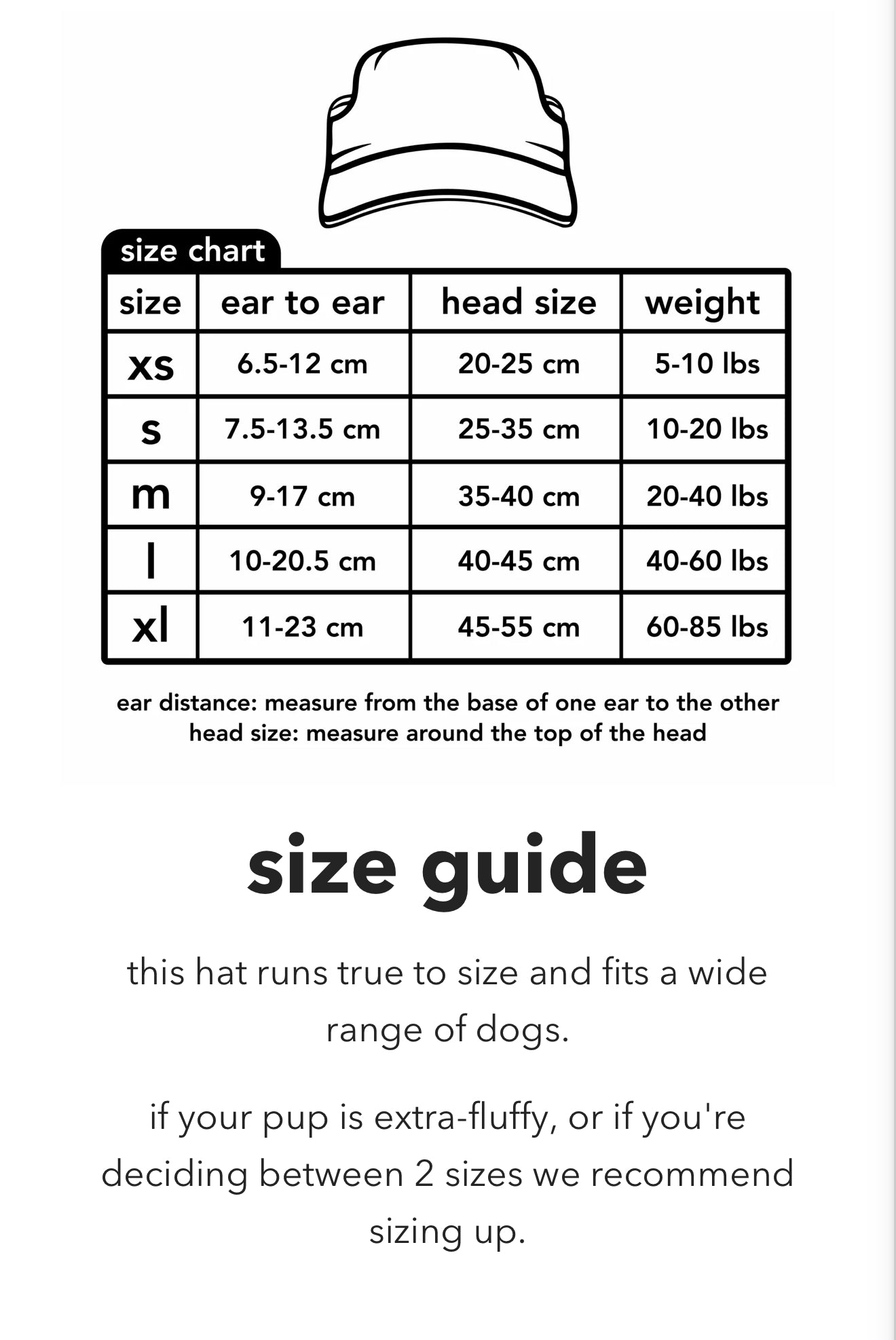 Dog hat size chart showing XS to XL with ear-to-ear, head circumference, and weight ranges, plus sizing guidance for fluffy dogs.