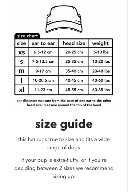 Dog hat size chart showing XS to XL with ear-to-ear, head circumference, and weight ranges, plus sizing guidance for fluffy dogs.