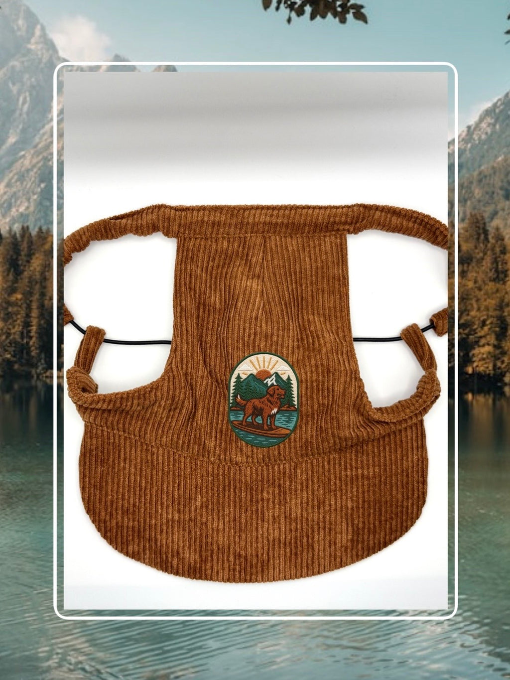 Brown corduroy dog hat with the Kodiak adventure paddleboard iron on patch.