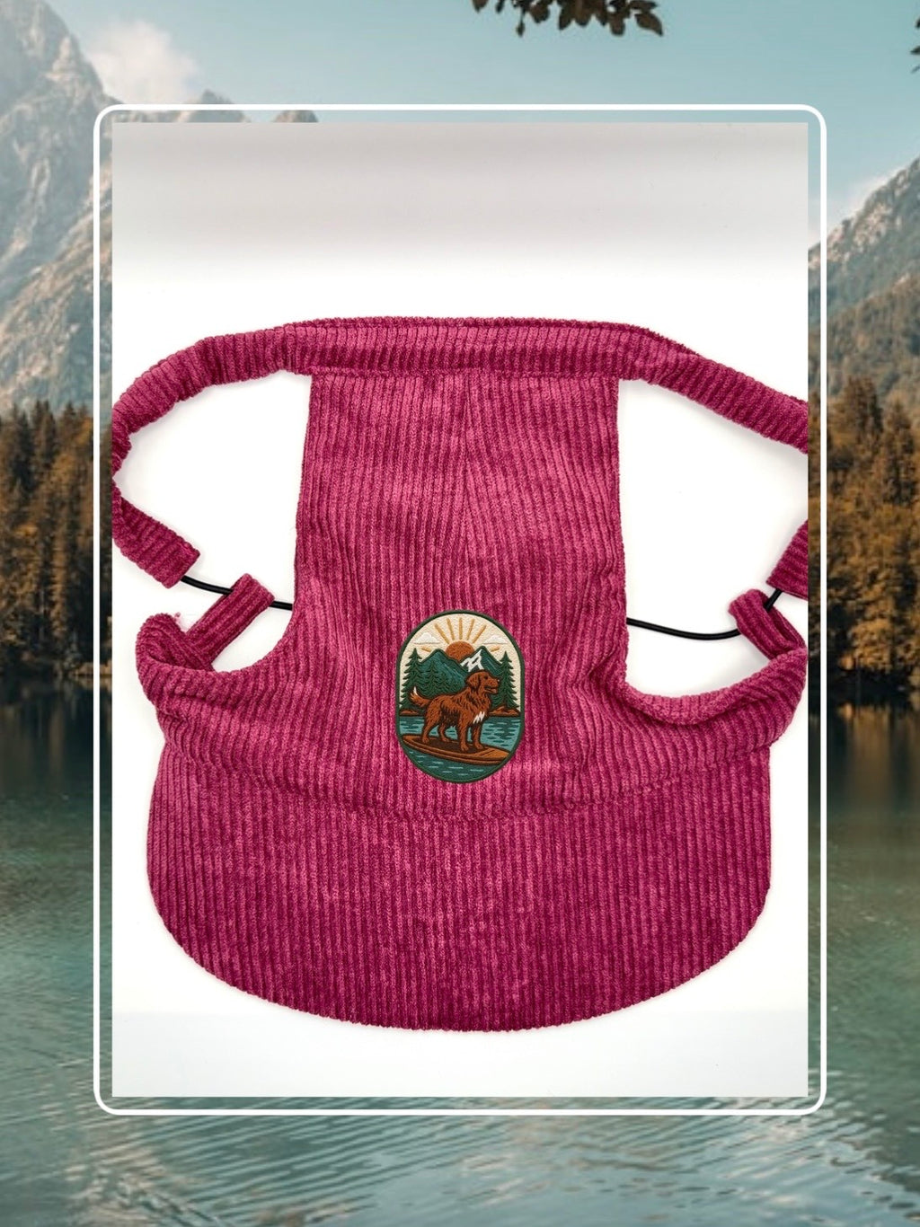 Purple corduroy dog hat with the Kodiak adventure paddleboard iron on patch.
