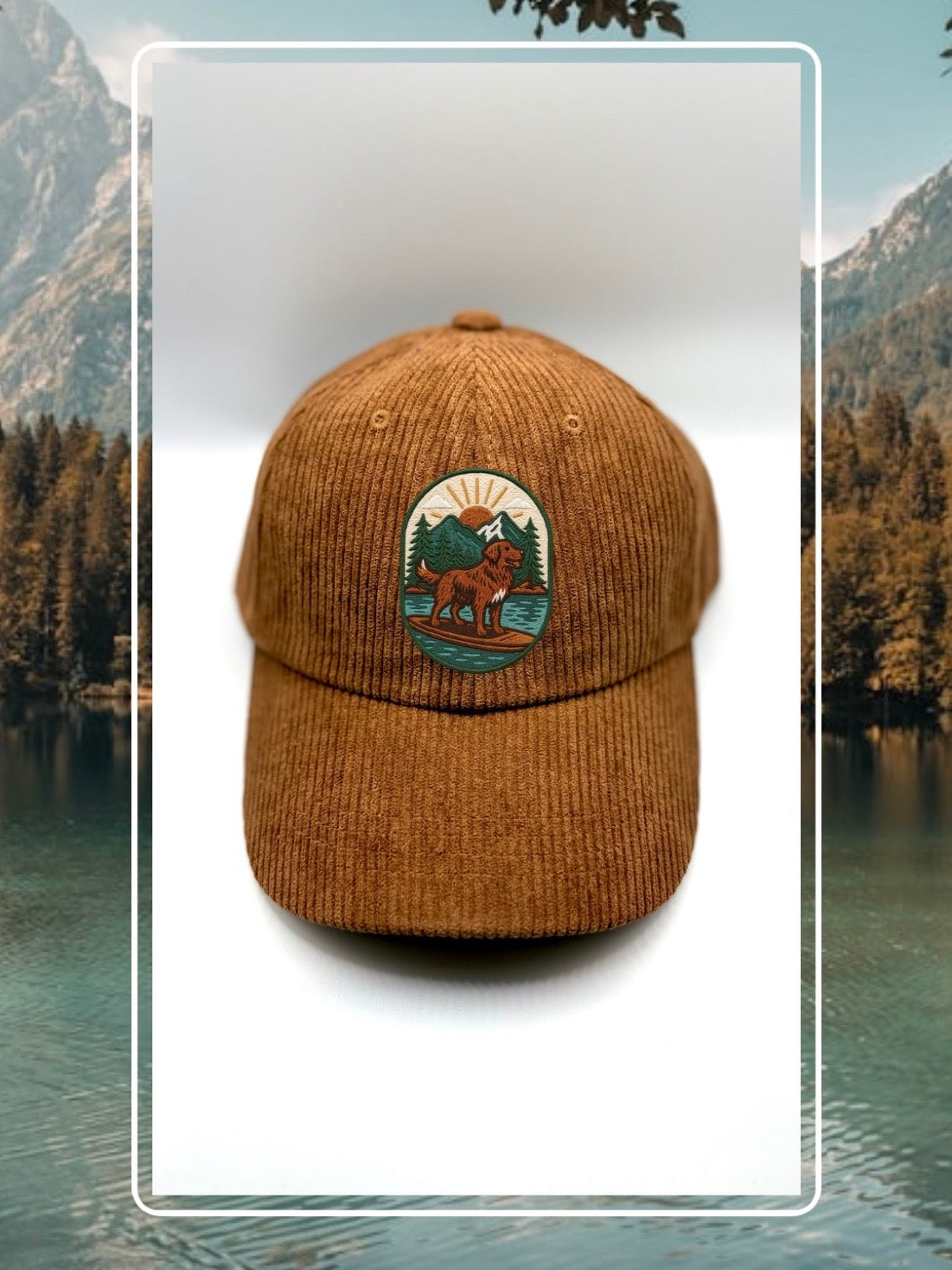 Brown corduroy human hat with the Kodiak paddleboard adventure iron on patch inspired by outdoor living.