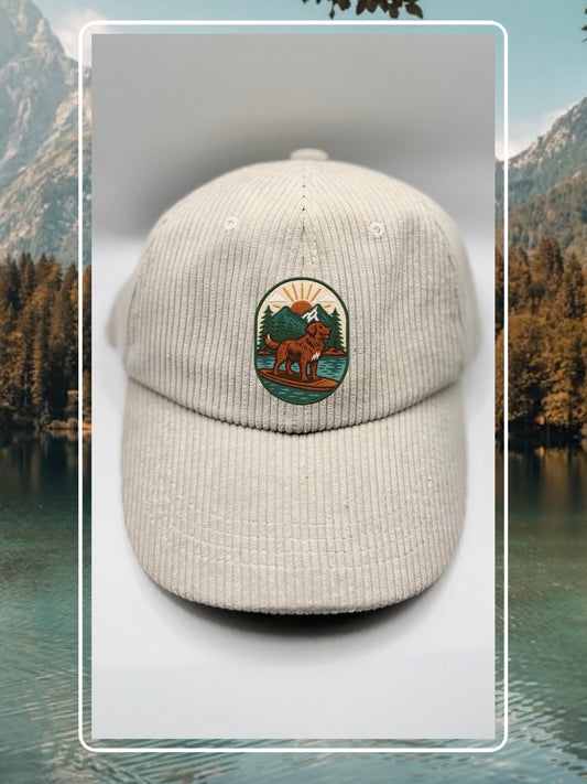 Cream corduroy human hat with the Kodiak paddleboard adventure iron-on. patch inspired by outdoor living.
