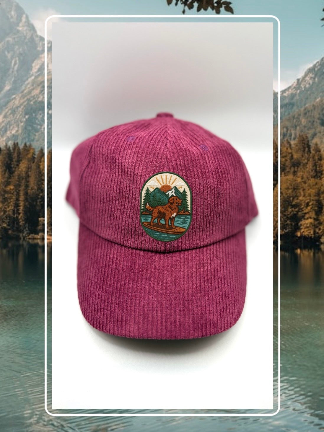 Purple corduroy human hat with the Kodiak paddleboard adventure iron on patch inspired by outdoor living.