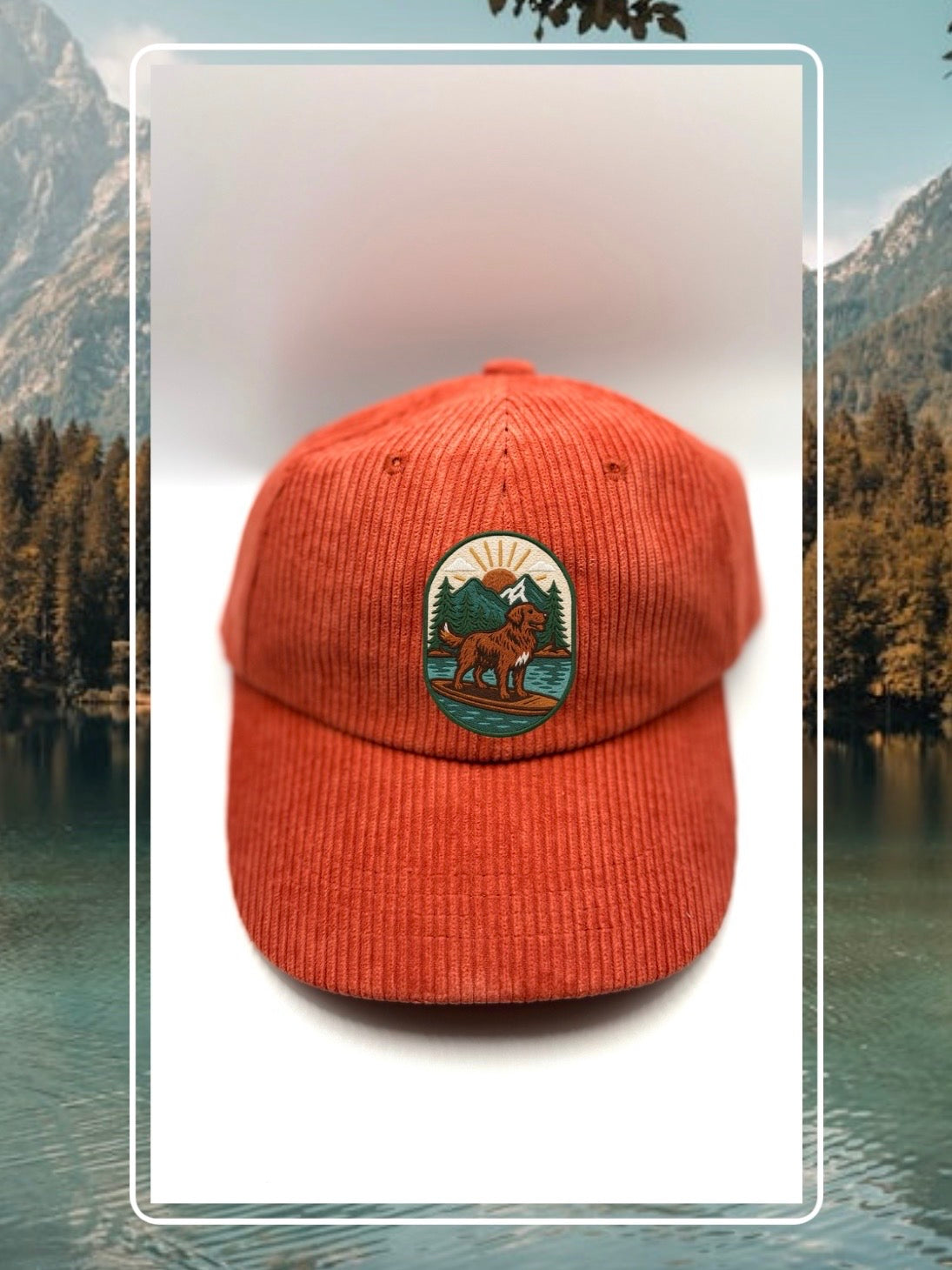 Red corduroy human hat with the Kodiak paddleboard adventure iron on patch inspired by outdoor living.