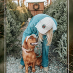 Lifestyle photo of a woman and her golden retriever wearing matching Kodiak adventure corduroy hats during an outdoor walk in the cream color and iron on patch.