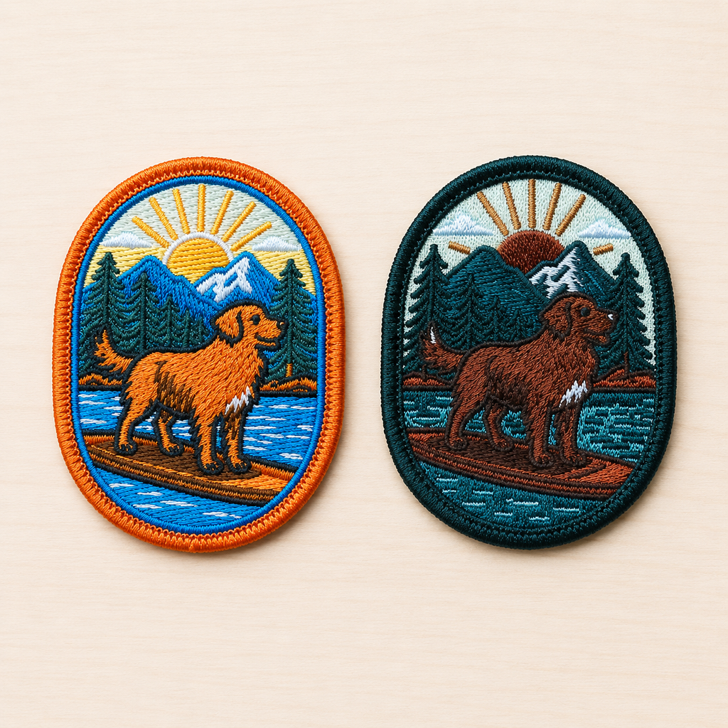Side-by-side comparison of two oval embroidered paddleboarding dog patches featuring mountain lake scenes at sunrise. One patch shows a golden-colored adventure dog with bright blue and orange accents, while the newer version features a darker brown dog with deeper forest green and teal tones, both displayed on a light wood surface.