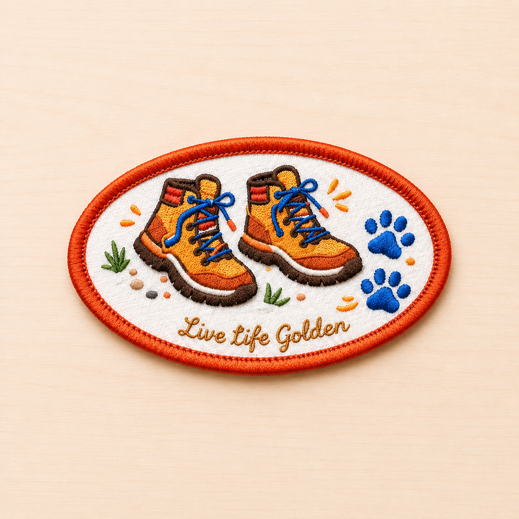 Oval embroidered patch featuring a pair of orange hiking boots with bright blue laces beside blue paw prints and small trail details, with “Live Life Golden” stitched underneath, bordered in orange embroidery and displayed on a light wood surface.