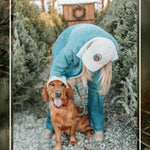 Golden retriever sitting in a tree lot wearing a matching Kodiak adventure corduroy dog hat with human companion nearby in the cream color.