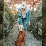 Woman and golden retriever wearing matching Cream Colored Kodiak adventure corduroy hats while training outdoors among evergreen trees.