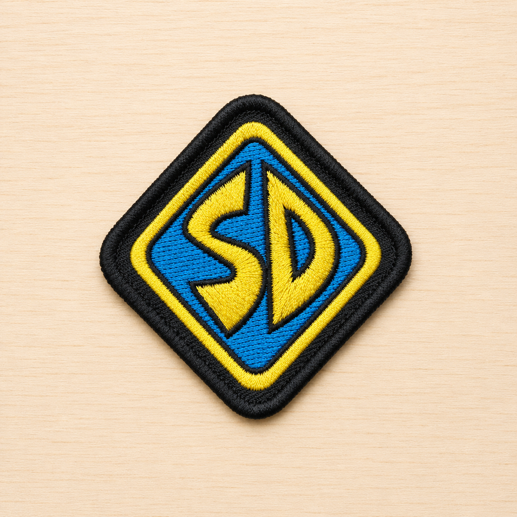 Diamond-shaped embroidered SD-inspired iron-on patch with blue and yellow lettering, black border, and retro cartoon-style design on a light wood background.