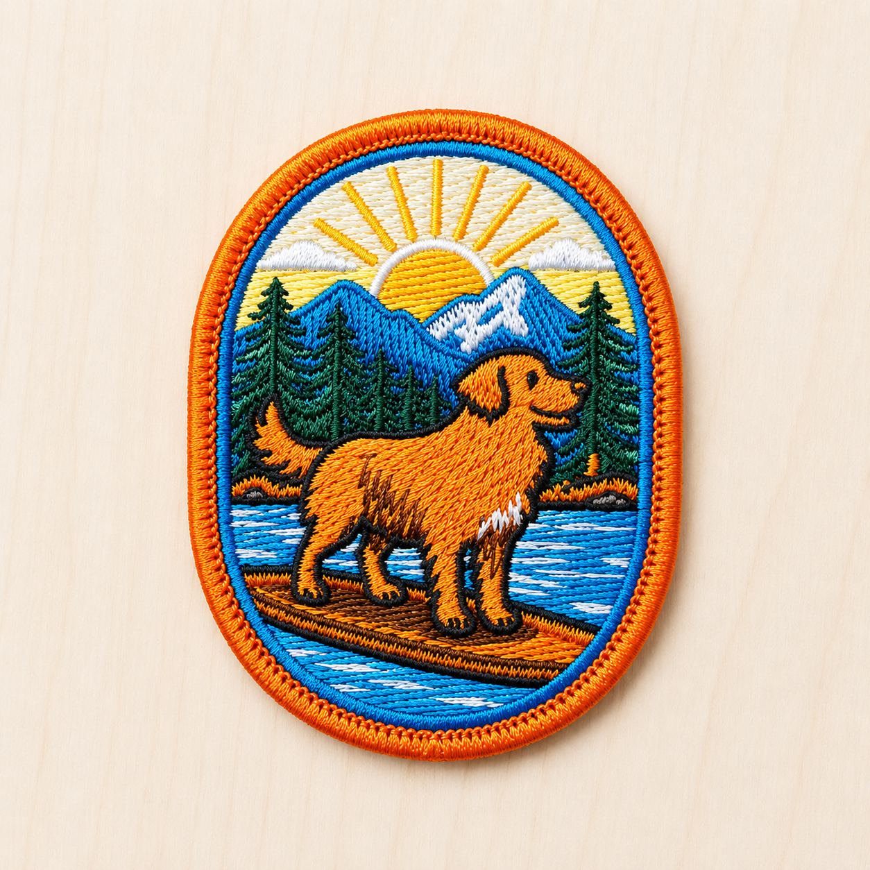 Oval embroidered patch featuring a golden retriever-style adventure dog standing on a paddleboard across a bright blue mountain lake with pine trees, snowy peaks, and a rising sun in the background, bordered with vivid orange stitching and displayed on a light wood surface.