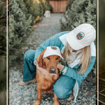 Golden retriever wearing a Kodiak adventure corduroy dog hat sitting while handler wears the matching human corduroy hat outdoors.