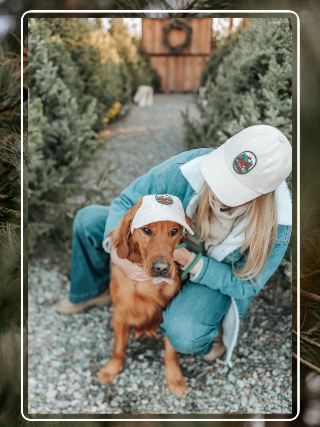 Golden retriever wearing a Kodiak adventure corduroy dog hat sitting while handler wears the matching human corduroy hat outdoors.