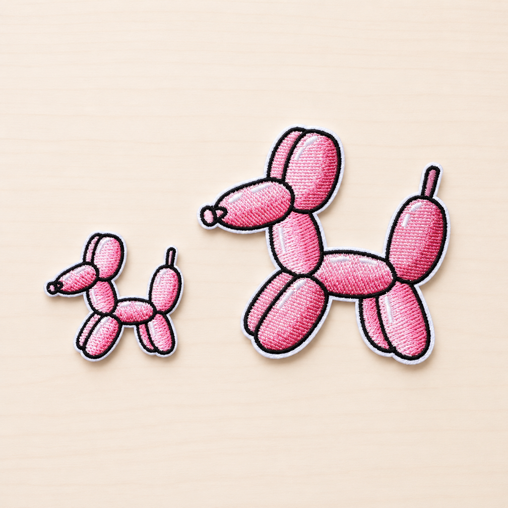 Set of two embroidered pink balloon dog iron-on patches in small and large sizes with black and white stitched borders on a light wood background.